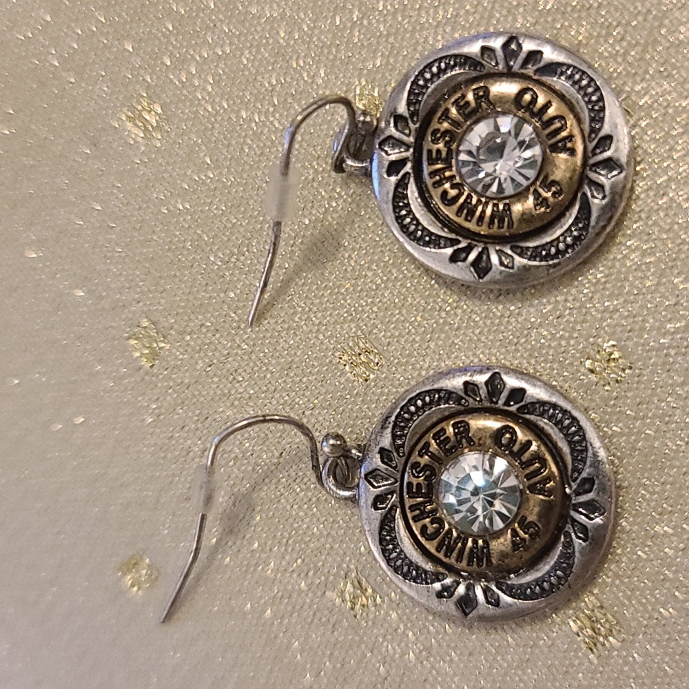 Winchester 45 Medallion Dangle Silvertone - Goldtone, Rhinestone Earring NWT